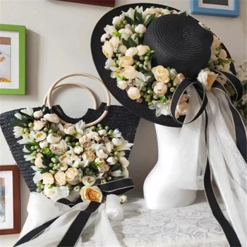 Дамски цвете сламена чанта ръчна изработка от 2021, нова черна шапка от слънцето, набор от чанти, чанта, Празнична Тъкане Плажната Чанта за дами