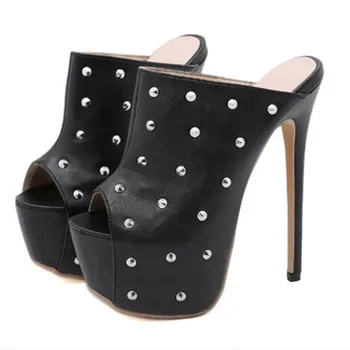 Обувки SHOFOO Модни дамски чехли. Дамски обувки лятна петата височина около 18 см Обувки на платформа с тапицерия нитове модно ревю