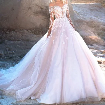 Сватбена Рокля на Принцеса 2021 С дълги ръкави, Романтична 3D Флорални Апликации, Трапециевидное на Булката Рокля с Открити Рамене, Vestido De Новия за Сватбена рокля