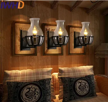 IWHD Стъклен LED монтиран на стената Лампа Ретро Ретро Промишлен монтиран на стената Лампа За Осветление Дома Strials Iron Стенни Спалня Wandlamp Arandela