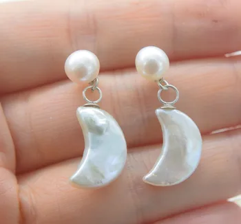 една двойка сладководни перли, бяла Лунна кука s925 обеци на едро мъниста FPPJ природа