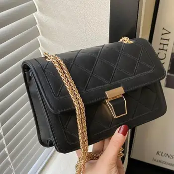 Луксозна чанта, нова дамска чанта-месинджър на едното рамо с веригата, бродирани линия, на таблетка, ежедневни проста малка квадратна чанта