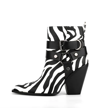 Arden Фуртадо/2023 г. Пролетни дамски полусапожки с петна във формата на зебра, остър чорап, без скоби, на масивна ток, модни обувки с катарама на колана