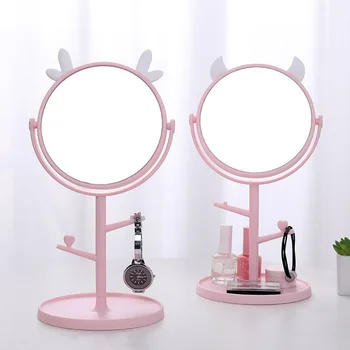 L61 Огледало за Грим Десктоп Десктоп Основата на Плотове за Баня Пътуване Обичайното Розово Котешки Ушное Огледало с Бижута Козметични Рафтове