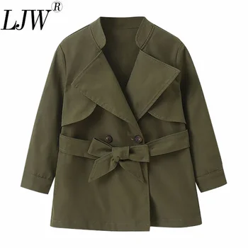 2021 ново пролет-есен однотонное палто с дълъг ръкав и колан за момичета, армейское зелено модно палто със средна дължина за момичета, ветровка в чужд стил