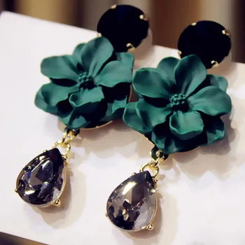 Vintage Бохемия Естествен Черен Камък Crystal Големи Обеци За Жени, Модни Бижута Зелено Цвете Дълги Висящи Обеци Bijoux