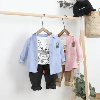2019 Пролетен комплект от риза в райе + вельветовых панталони, Всекидневни костюми-двойка за малки деца