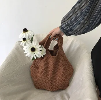 Есенно-зимни цветни вълнени възли чанти за ежедневни универсални меки и твърди умерени обикновена отворени за дамски чанти