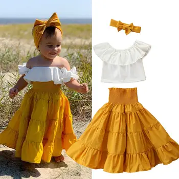 Pudcoco в наличност в САЩ, Нова Мода Бебешки дрехи за малките Момичета 2-7 години Топ с къдри, Тениска, рокля пакетче, пола, Празничен комплект дрехи