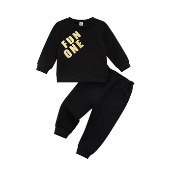 Детска ежедневни облекла от две части за малки момичета, черен Пуловер с писмото принтом, Блузи и панталони с частния дъното