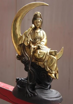 песента voge gem S0870 Тибет Мед Бронз Полумесец цвете лотос Гуан Ин Клан-ин Статуя на Бодхисатва
