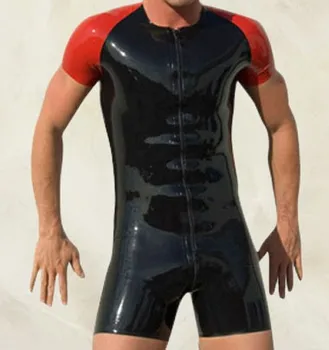 Latex/Rubber/Fetish/Catsuit/Costume/Masquerade/sexy/partyBlack-Red-Short-Sleeves-Men-s-Latex-Bodysuit-