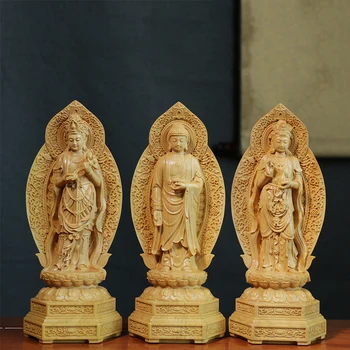 3 Буда Дърворезба Статуя Декорация На Дома, Будистки Амитабха Гуаньинь Бодхисатва Фън Шуй