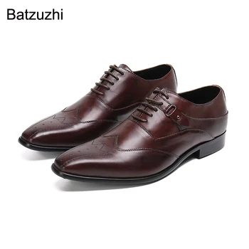 Batzuzhi/ е луксозен мъжки обувки ръчна изработка, бизнес мъжки обувки дантела, кафяви модела обувки от естествена кожа, мъжки Botas Hombre, размери 38-46!