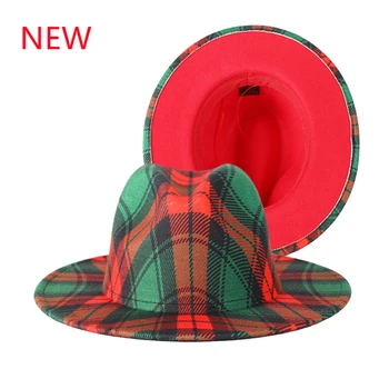 Фетровая шапка двустранен, за да е подходяща по цвят червено и зелено, комарници, джаз цилиндър, женски национален стил, модерен джаз шапка с голяма периферия, шапка 2021