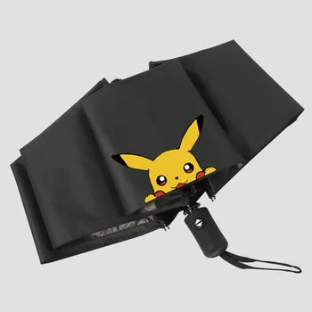 Аниме Pokemon Периферна Сладък Пикачу Автоматично отваряне и закрываниеоткрытый Черен чадър Сгъваем чадър от слънцето Умбрелла Черна Гума