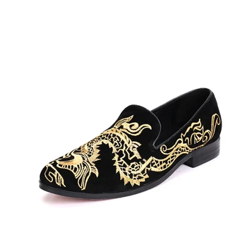 Christia Bella/ Мъжки модел Обувки с Бродерия на Дракона в китайския стил; Черен Велур и Кожени Обувки на Плоска подметка за Мъже; Вечерни Модни Мъжки лоферы