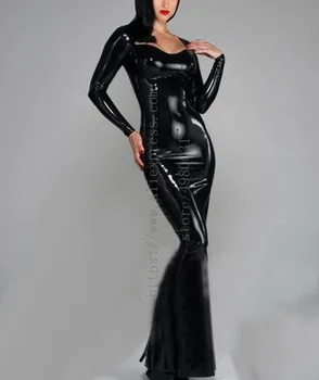 Секси черно дебнещ латексово рокля размер плюс, черна дълга бондажное рокля с цип отзад и декорации за задника