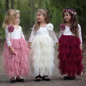 Дантелени Рокли с цветя модел за Момичета на Сватба, Облекло Шаферките, Празнична Облекло Принцеса с Дълги Ръкави, Ламинирано Рокля-пакет за малки Деца