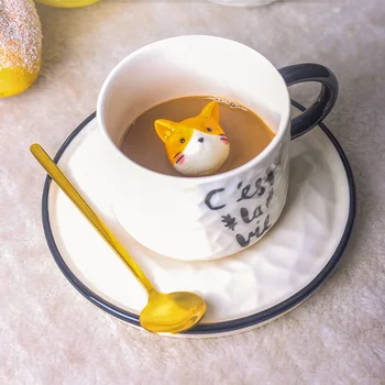 Карикатура релеф керамична чаша чаша за малки животни, котка чашата за кафе с чаша ястие домакински чаша мляко кафеена чаша чаша за чаши, чаши за кафе