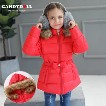 CANDYDOLL/зима ново памучно палто за момиче с кожа яка, топло детски дрехи, однотонная детски памучен яке с качулка