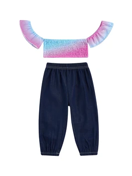 Летни дрехи от 2 теми за малки момичета с открити рамене и ръкави-рюшами, многоцветни Блузи-bandow с рюшами и джинсовыми панталони от 6 m до 4 години