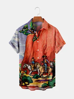 Мъжка риза Y2k hombre с ковбойским модел, риза с къс ръкав, мъжки градинска хавайски ретро-риза, мъжка риза Harajuku, 3