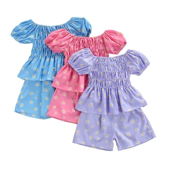 Комплект дрехи от 2 теми за момичета с принтом Лайка, Ежедневни Блузи с къси пухкави ръкави и отворени рамене + Шорти от еластична гумена лента на талията от 1 до 5 години