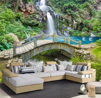 Конфигуриране на всеки размер идиличен пейзаж 3D TV фон тапети хол разтегателен воден мост водопад природа декорация на дома
