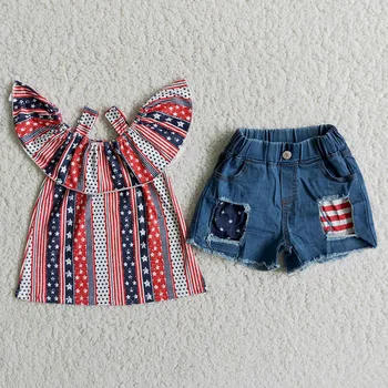 Висококачествена Детска Лятна Модни Дънкови дрехи За малките момичета, Изработена в Топ със звезди и ивици, Дънкови Шорти в тон на 4-ти юли