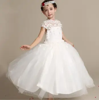Дантелено дълга рокля за момичета Със Сладко Цвете на възраст от 3 до 12 години, детско Принцеса Рокля за Сватбата, бала, бяла Рокля с къс ръкав и голям лък