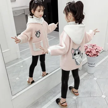 Кашмир двустранен връхни дрехи за момичета, на Корейското Плътно Зимно палто за момичета с анимационни герои, Модерно детско палто