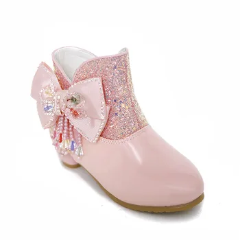 Модни Полусапожки за момичета, детски обувки с лък, ежедневни обувки, есенно-зимни обувки с страничния цип на ниски токчета, от 4 до 16 години