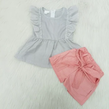висококачествени дрехи за малките момичета, детски тканая плат, модерен комплект с къс ръкав, най-шарени и розови къси панталони, комплект дрехи с лък