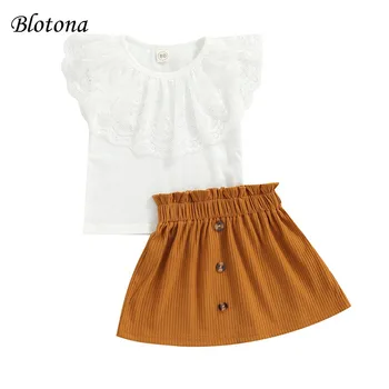 Всекидневни костюми за малките момичета Blotona, Обикновена дантелени блузи без ръкави с цветен печат + къса пола с волани, 6 месеца-4 години