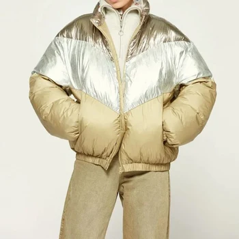 Зимата Ново Памучни палто в Контрастен Цвят с дълги ръкави и Ревери, Свободно Универсално Дамско палто