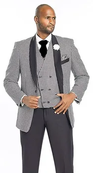 Високо качество, Смокинги за младоженеца в клетка с една пуговицей, Шал с ревери, Мъжки Костюми за сватба и абитуриентски бал (Яке + Панталон + Елек + вратовръзка) брой: 60