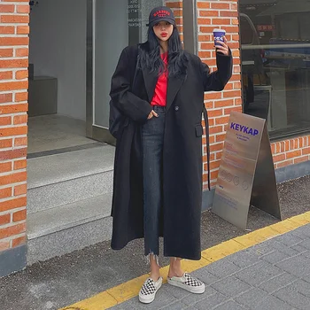 Черно силуэтное коварен твидовое палта дамски корейската версия на дълъг костюм с дължина до коляното с яка на една пуговице свободен костюм, палто с яка