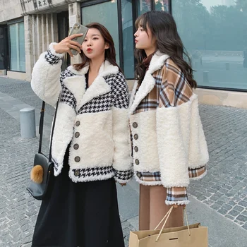 Дамско зимно ново корейското стилно свободно кратко стеганое вълна палто в клетката, модно дамско зимно палто, вълнена куртка 2022 г.