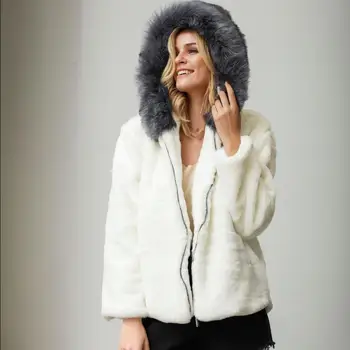 Модни бяло палто с кожа, дамски палто с качулка от изкуствена лисьего кожа, дебели топли кожени палта с цип, връхни дрехи, пухкави кожени якета F399