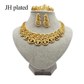 JHplated Дубай Модни кръгли бижута златен цвят Африкански вечерни сватбени подаръци за жени, Гривна, Огърлица, обеци, пръстен комплект
