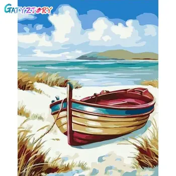GATYZTORY Снимка Номер На Лодката Фигура На Платното Ръчно Рисувани Артистичен Подарък САМ Картини На Номер Пейзаж Комплекти За Дома
