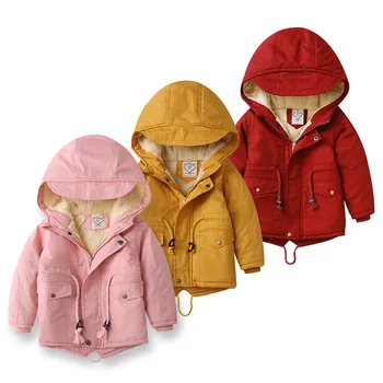 Новата есенно-зимни детски дрехи, плюшевое утолщенное памучно палто, ветровка за момчета и момичета, плюшен памучен яке със средна дължина